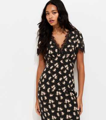 Black Ditsy Floral Lace Trim Tea Blouse