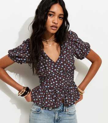 Brown Floral Puff Sleeve Tea Blouse