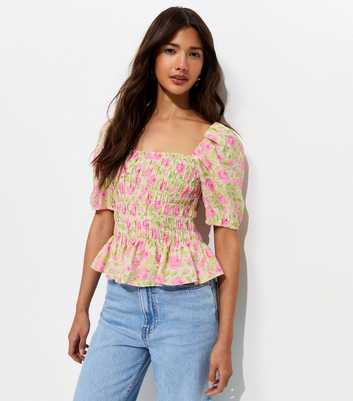 Pink Rose Print Shirred Puff Sleeve Top