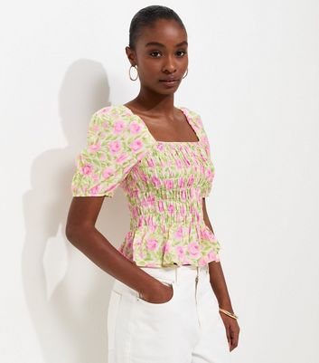 Pink Rose Print Shirred Puff Sleeve Top | New Look