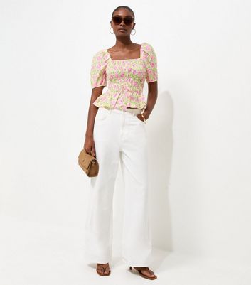 Pink Rose Print Shirred Puff Sleeve Top | New Look
