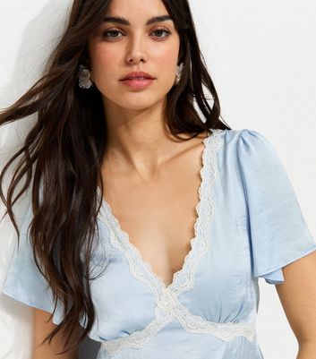 Light Blue Lace Trim Flutter Sleeve Satin Tea Top | New Look