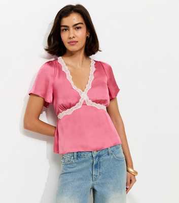 Pink Lace Trim Flutter Sleeve Satin Tea Top