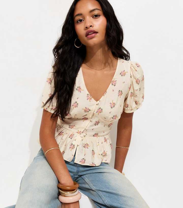 Cream Floral V Neck Tea Blouse