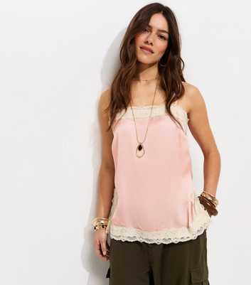 Petite Pink Satin Lace Trim Cami Top