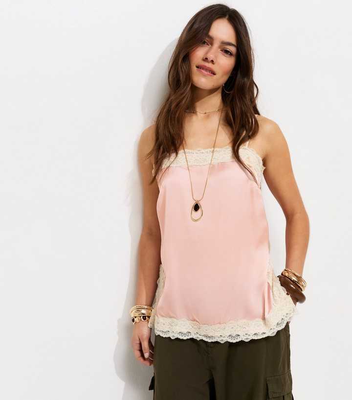 Petite Pink Satin Lace Trim Cami Top