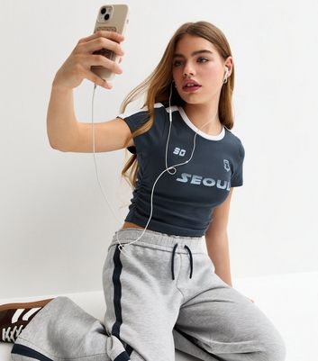 Girls Navy Seoul Print Ruched Side Football Top