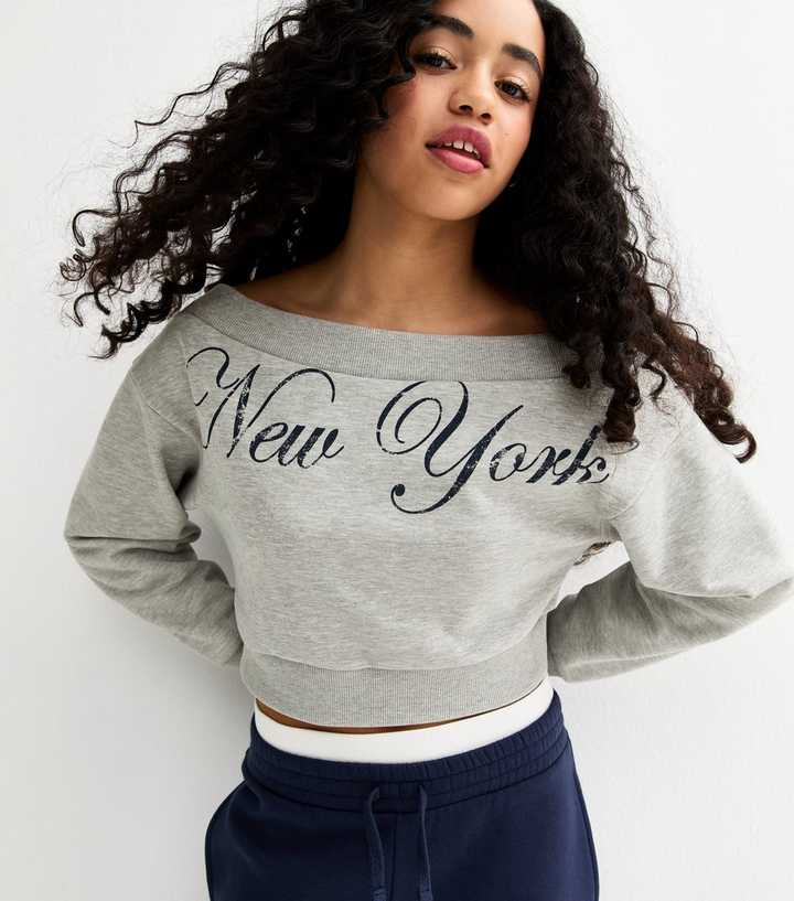Girls Grey New York Print Off Shoulder Cropped Sweatshirt