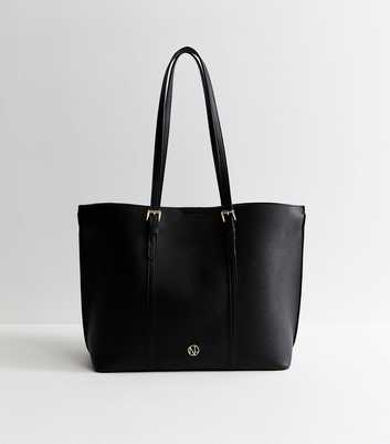 Black Faux Logo Plaque Leather Tote Bag