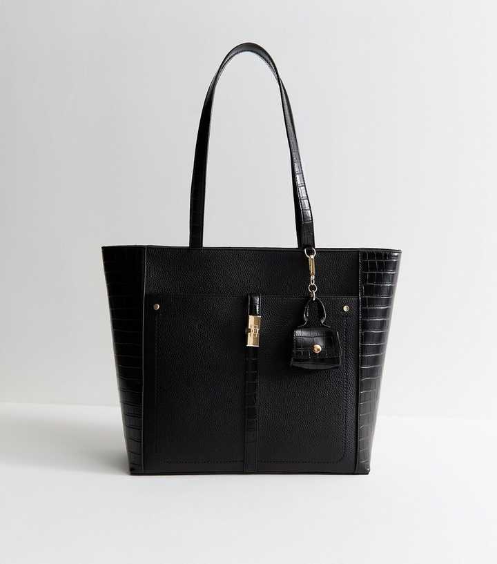 Black Faux Leather Croc Embossed Tote Bag