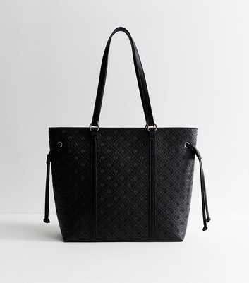 Black Faux Leather Debossed Logo Tote Bag