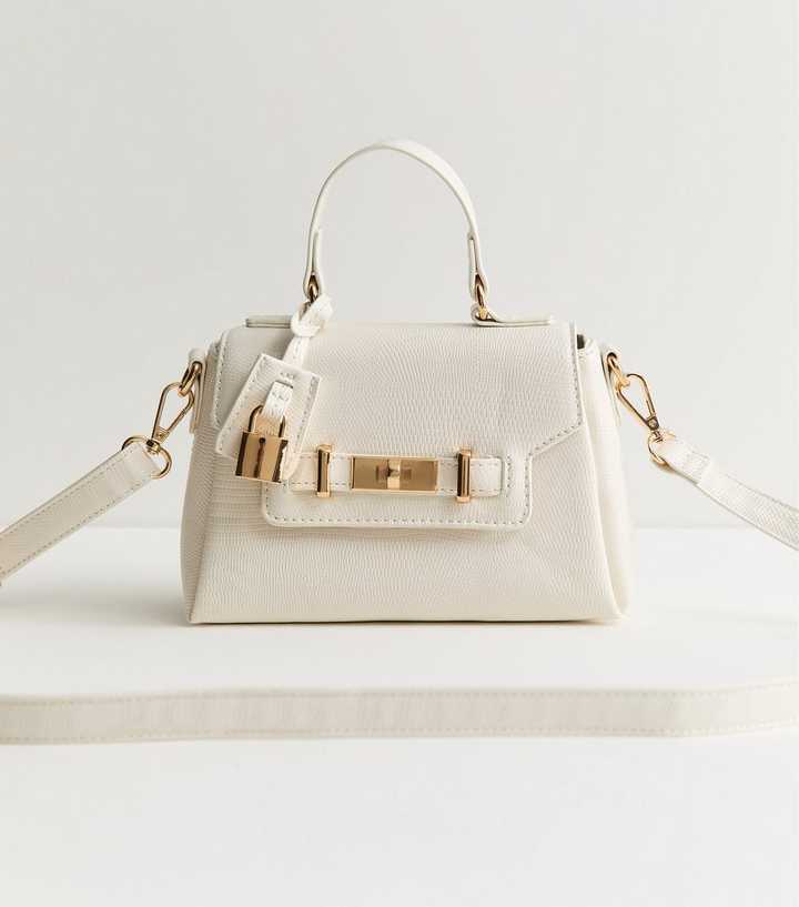 White Faux Leather Textured Lizard Effect Mini Crossbody Bag
