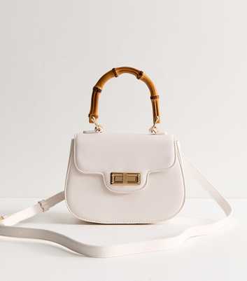 Cream Faux Leather Bamboo Top Handle Saddle Bag