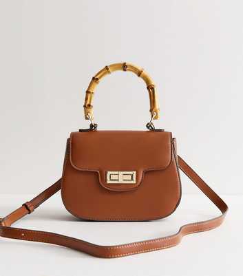 Tan Faux Leather Bamboo Top Handle Saddle Bag