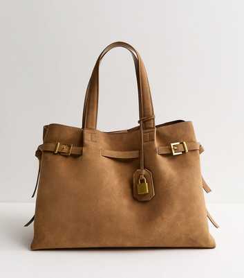 Camel Faux Suede Belted Lock Tote Bag