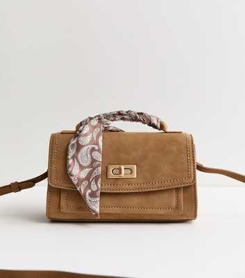 Camel Faux Suede Scarf Top Handle Bag