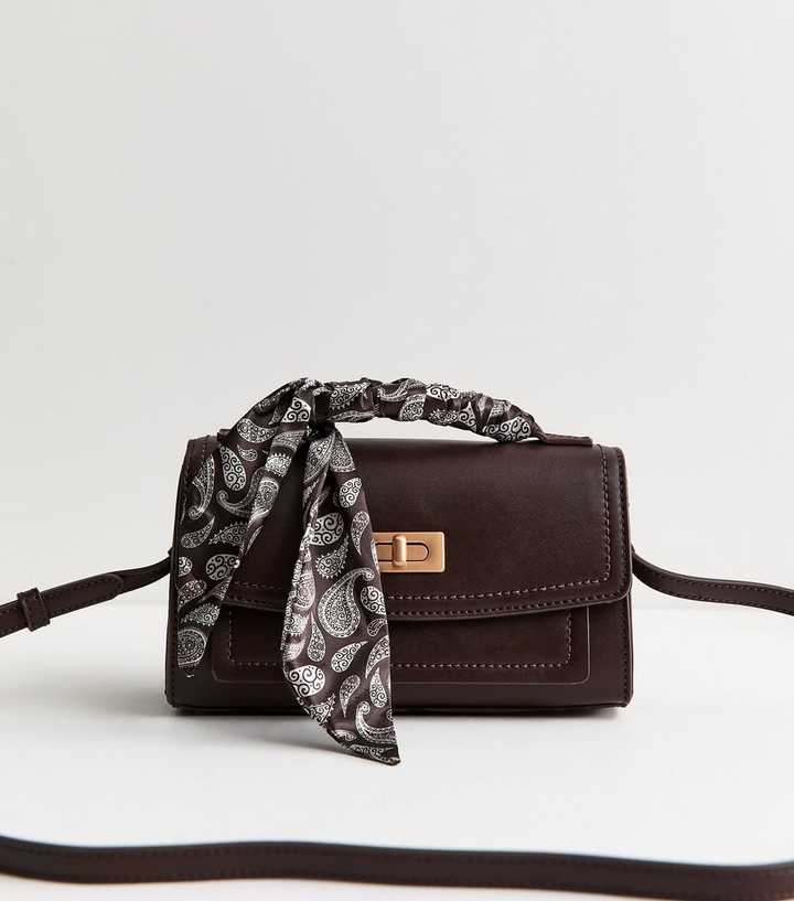 Dark Brown Faux Leather Scarf Top Handle Bag