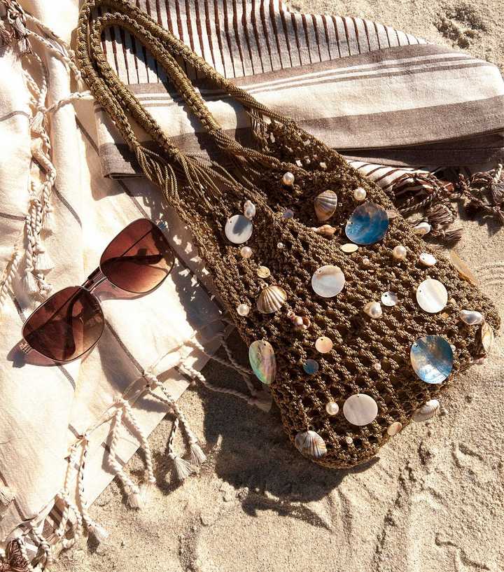 Stone Woven Shell Embellished Grab Bag