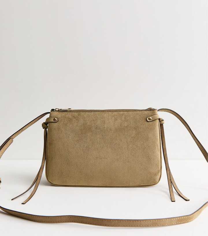 Mink Faux Suede Triple Compartment Crossbody Bag