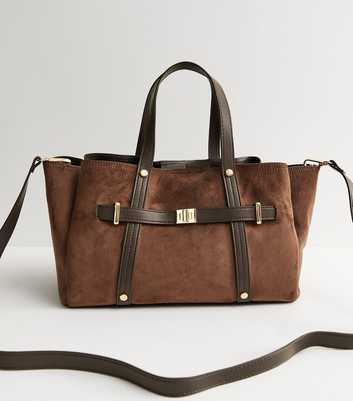 Dark Brown Faux Suede Triple Compartment Tote Bag