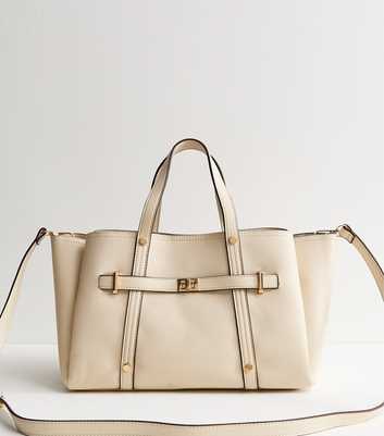 Cream Faux Leather Triple Compartment Tote Bag