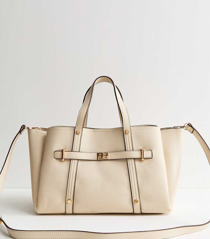 Cream Faux Leather Triple Compartment Tote Bag