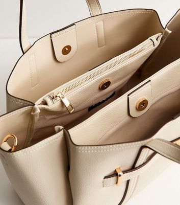Cream Faux Leather Triple Compartment Tote Bag | New Look