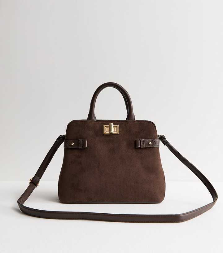 Dark Brown Faux Suede Turn Lock Top Handle Tote Bag