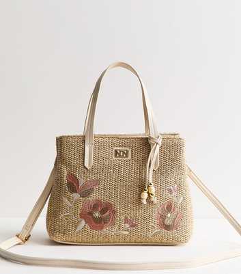 Oatmeal Woven Floral Embroidered Tote Bag