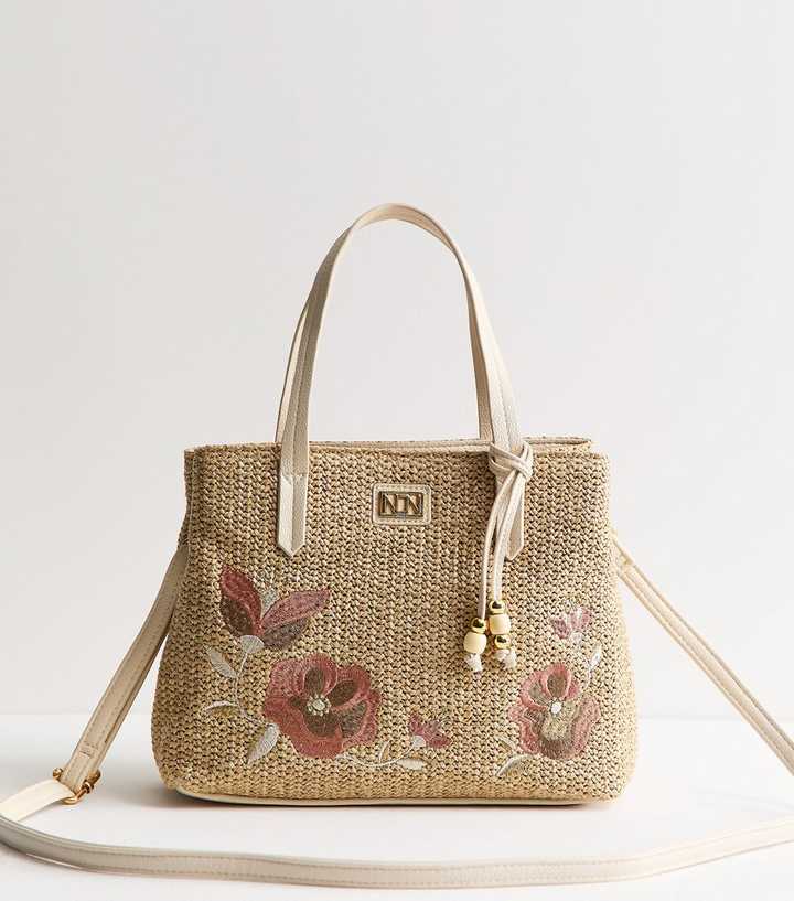 Oatmeal Woven Floral Embroidered Tote Bag