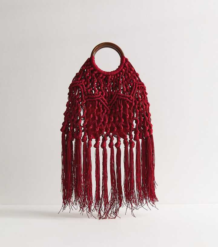 Dark Burgundy Macrame Tassel Top Handle Bag