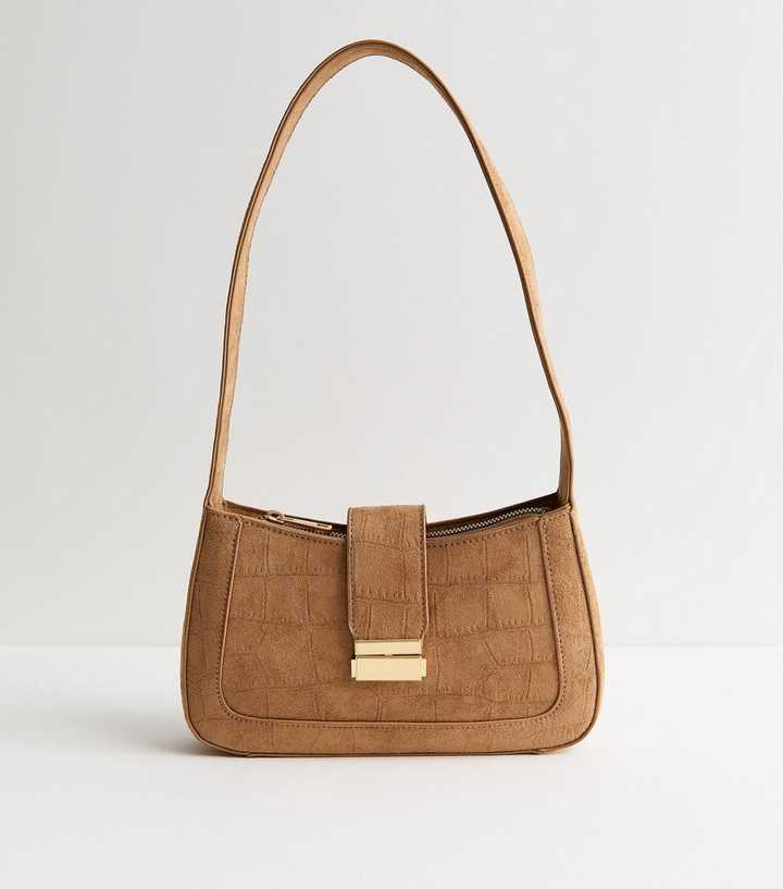 Tan Faux Suede Croc Embossed Shoulder Bag