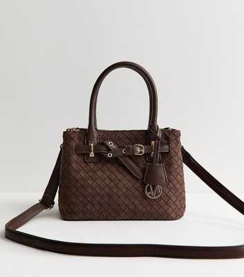 Brown Faux Suede Weave Effect Mini Crossbody Bag