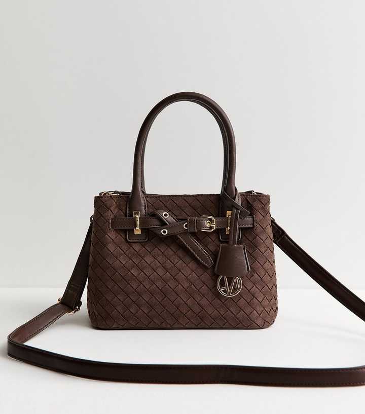 Brown Faux Suede Weave Effect Mini Crossbody Bag
