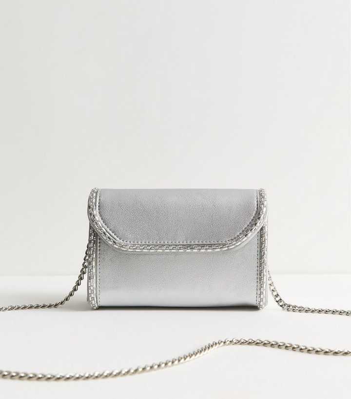 Silver Faux Leather Diamanté Gem Embellished Clutch Bag