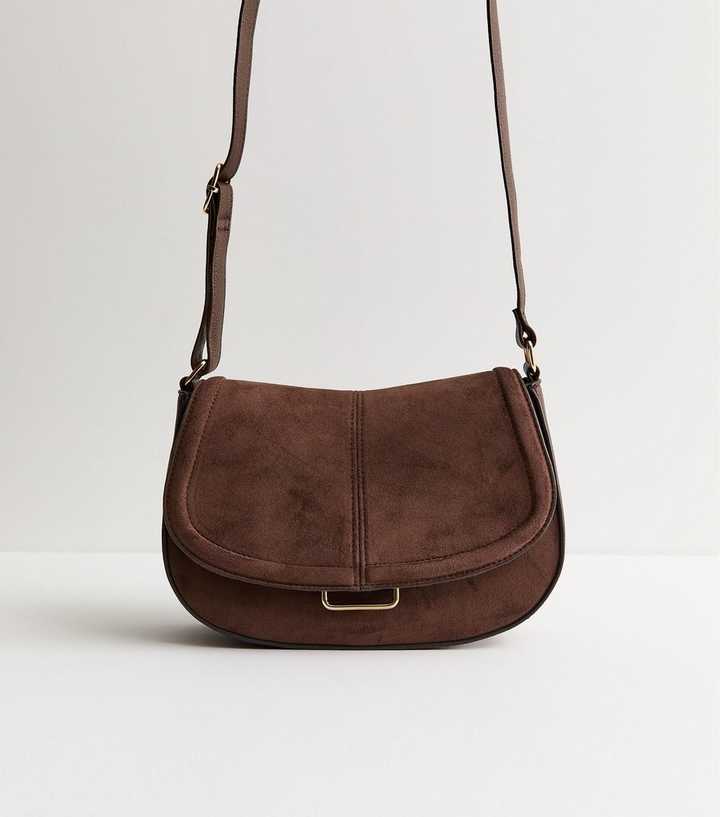 Brown Faux Suede Saddle Shoulder Bag