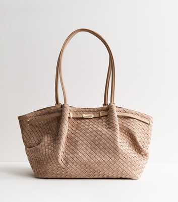 Light Brown Faux Suede Woven Winged Tote Bag