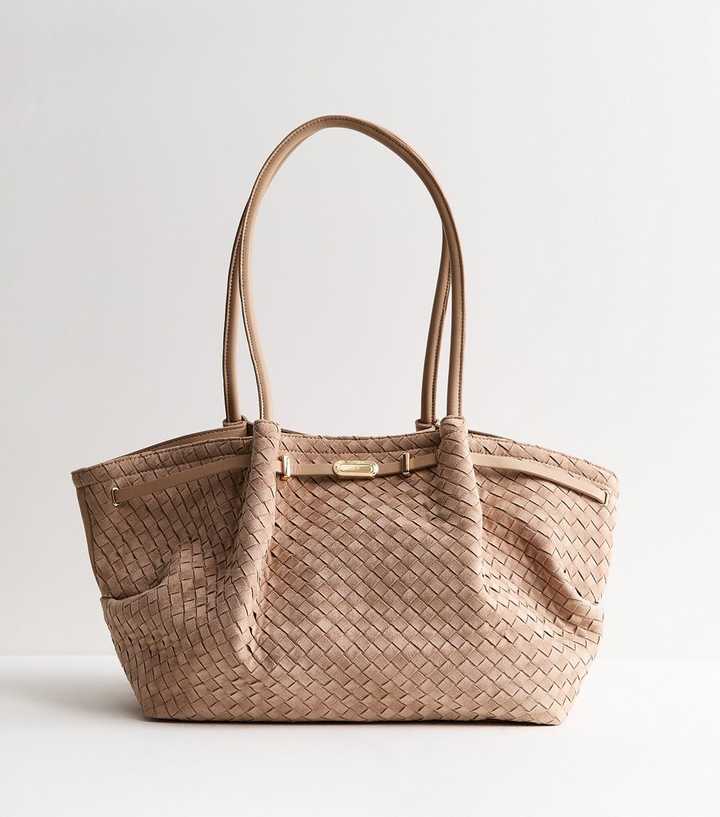Light Brown Faux Suede Woven Winged Tote Bag