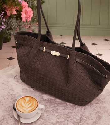 Dark Brown Faux Suede Woven Winged Tote bag