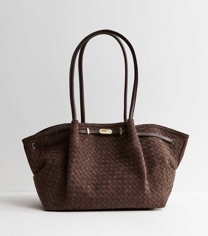 Dark Brown Faux Suede Woven Winged Tote bag