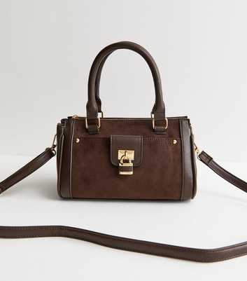 Dark Brown Faux Brushed Leather Padlock Crossbody Bag