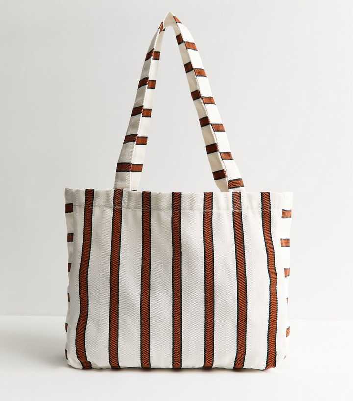 Brown Stripe Print Canvas Tote Bag