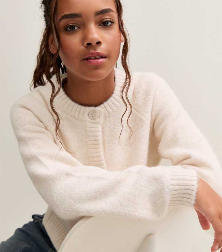 Girls Cream Crew Neck Knitted Cardigan with Wool