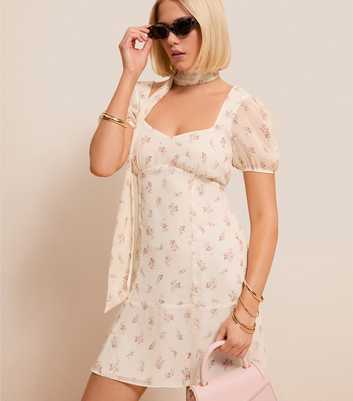 Cream Chiffon Floral Mini Dress with Scarf