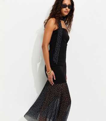 Black Polka Dot Bandeau Midi Dress with Scarf