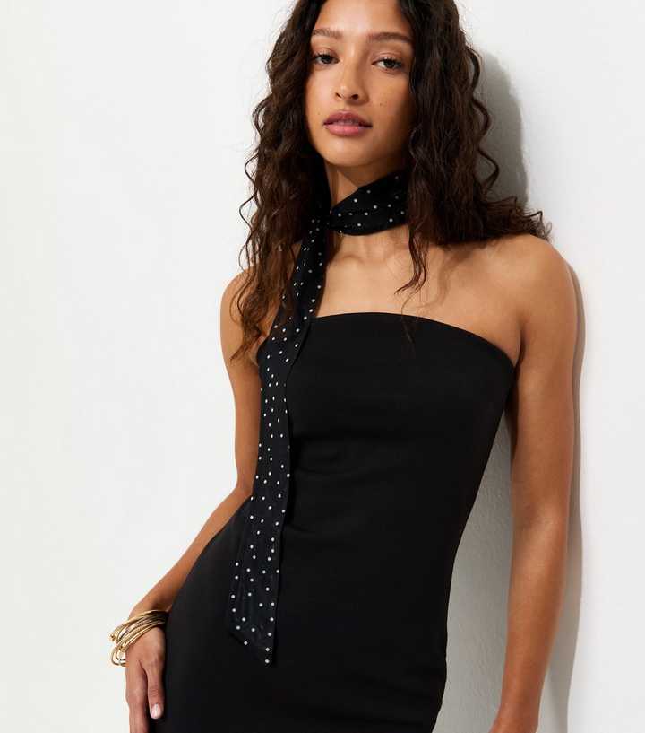 Black Polka Dot Bandeau Midi Dress with Scarf | New Look