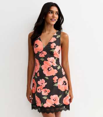 Black Polka Dot Floral V-neck Lace Trim Mini Dress