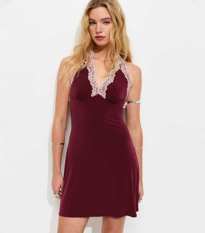 tea length lace bridesmaid dresses Burgundy Lace A-line V-neckline Tea Length Short Bridesmaid Dresses, MBD201 main image 0