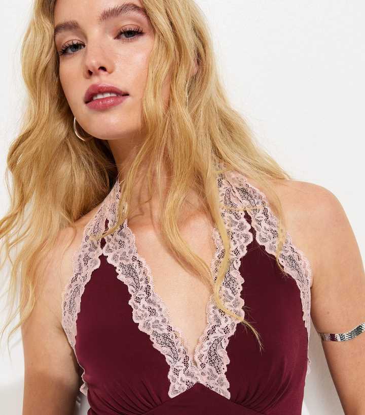 Dark Burgundy Contrast Lace Trim Halter Neck Mini Dress | New Look