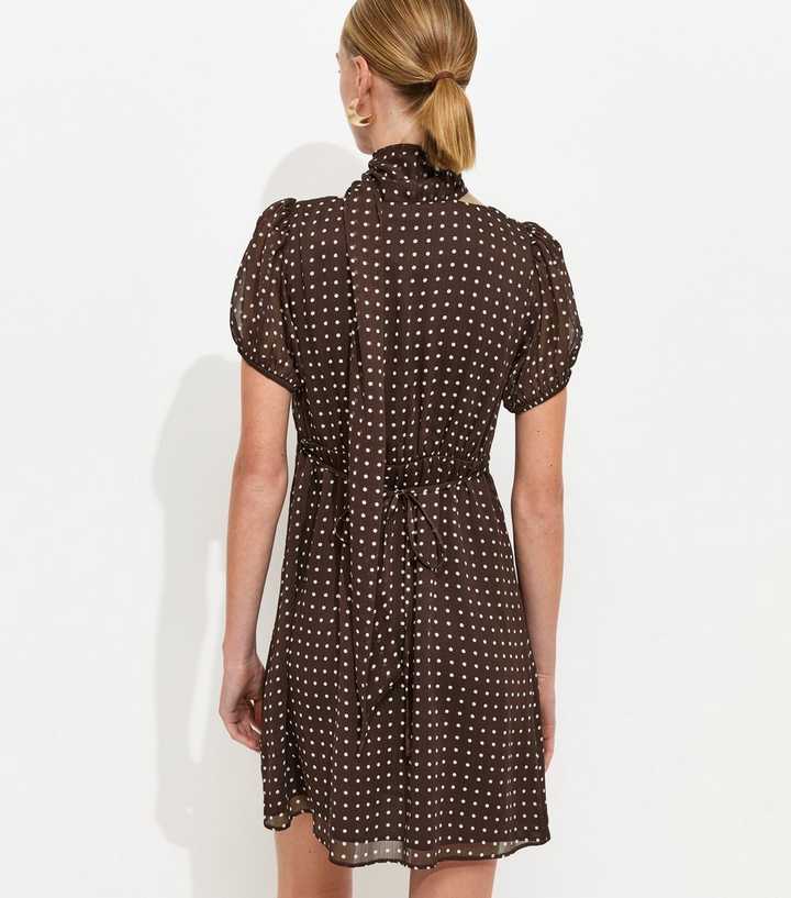 Brown Chiffon Polka Dot Mini Dress with Scarf | New Look Brown Chiffon Polka Dot Mini Dress with Scarf | New Look